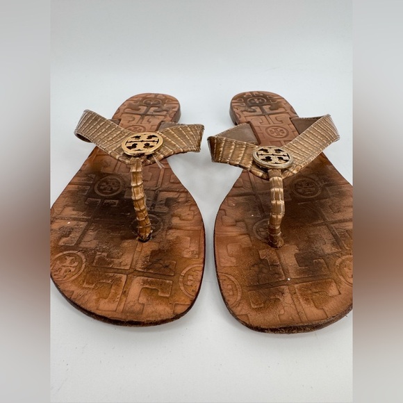 Tory Burch Wedge Heels Slip On Thong Sandals Womens Size 6M Brown Leather - Picture 2 of 4